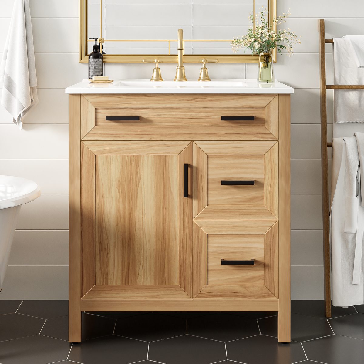 30" Wood Bathroom Vanity with Solid Wood Frame, 1 Soft Close Doors, 2 Soft Close Drawers, Adjustable Shelf, Modern Storage Cabinet