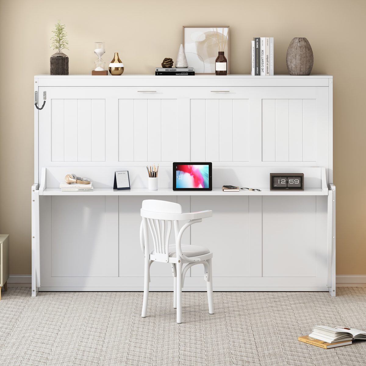 Queen Size Murphy Bed with Hydraulic Lift & Desk Design, White(OLD SKU: N820S00033K)