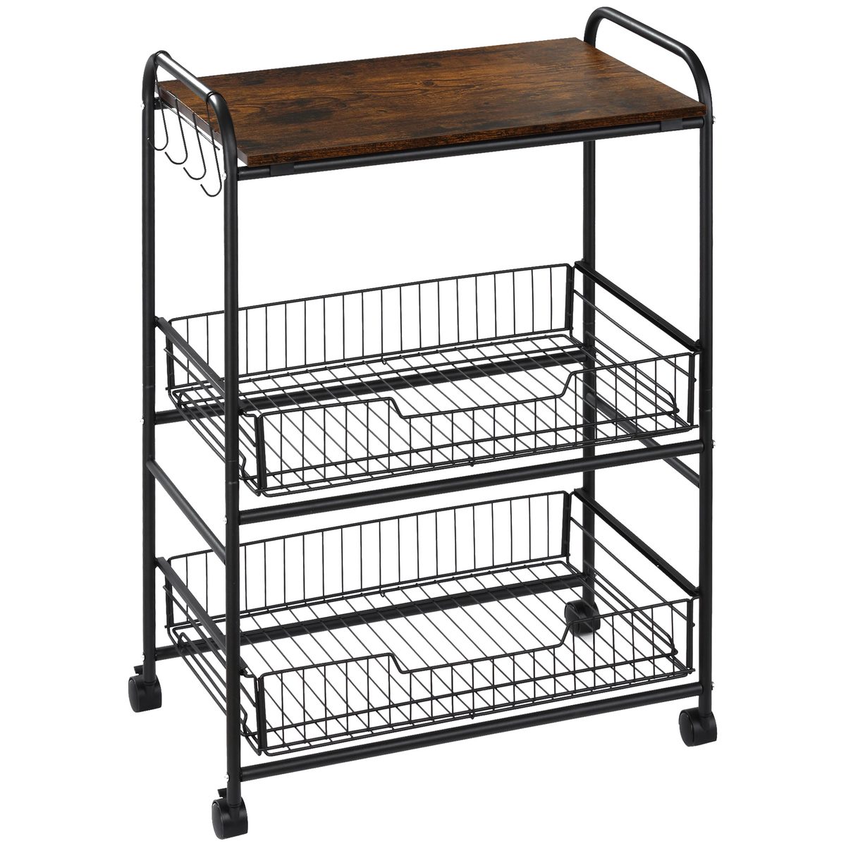 3 Tier Rolling Kitchen Cart with Storage, Kitchen Island Cart on Wheels with 2 Sliding Fruit Basket, Microwave Cart with Side Hooks for Dining Room, Brown