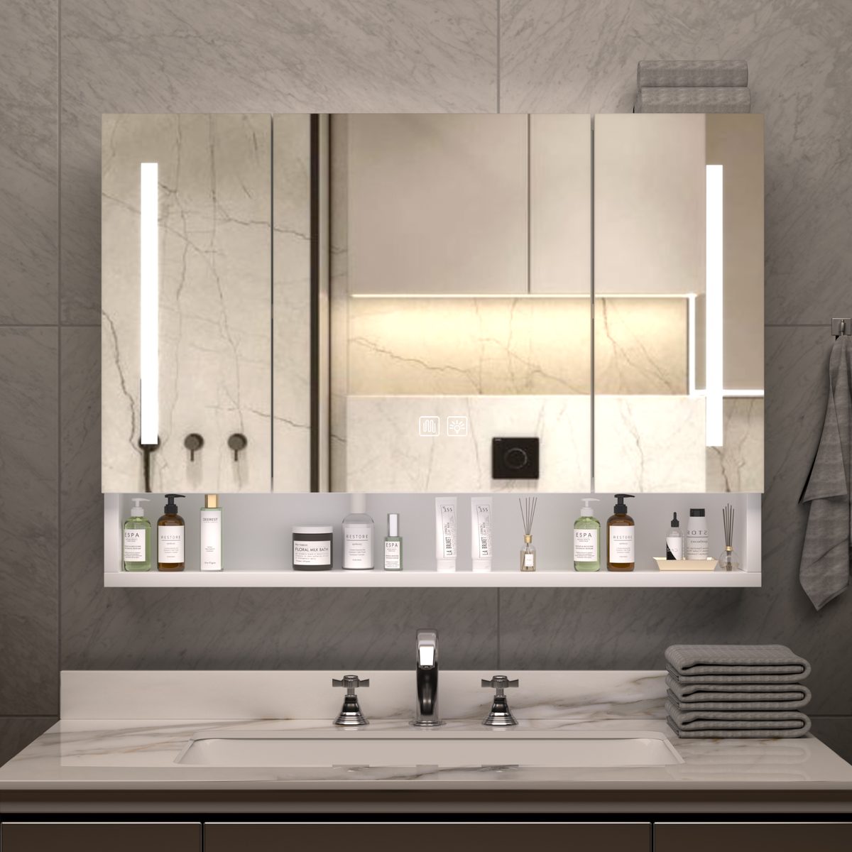Modern 39x28 inches Aluminium Bathroom Cabinets, Medicine Cabinets with Mirrors and LED Lights, Bathroom Storage Cabinet with Multilevel Storage Compartments