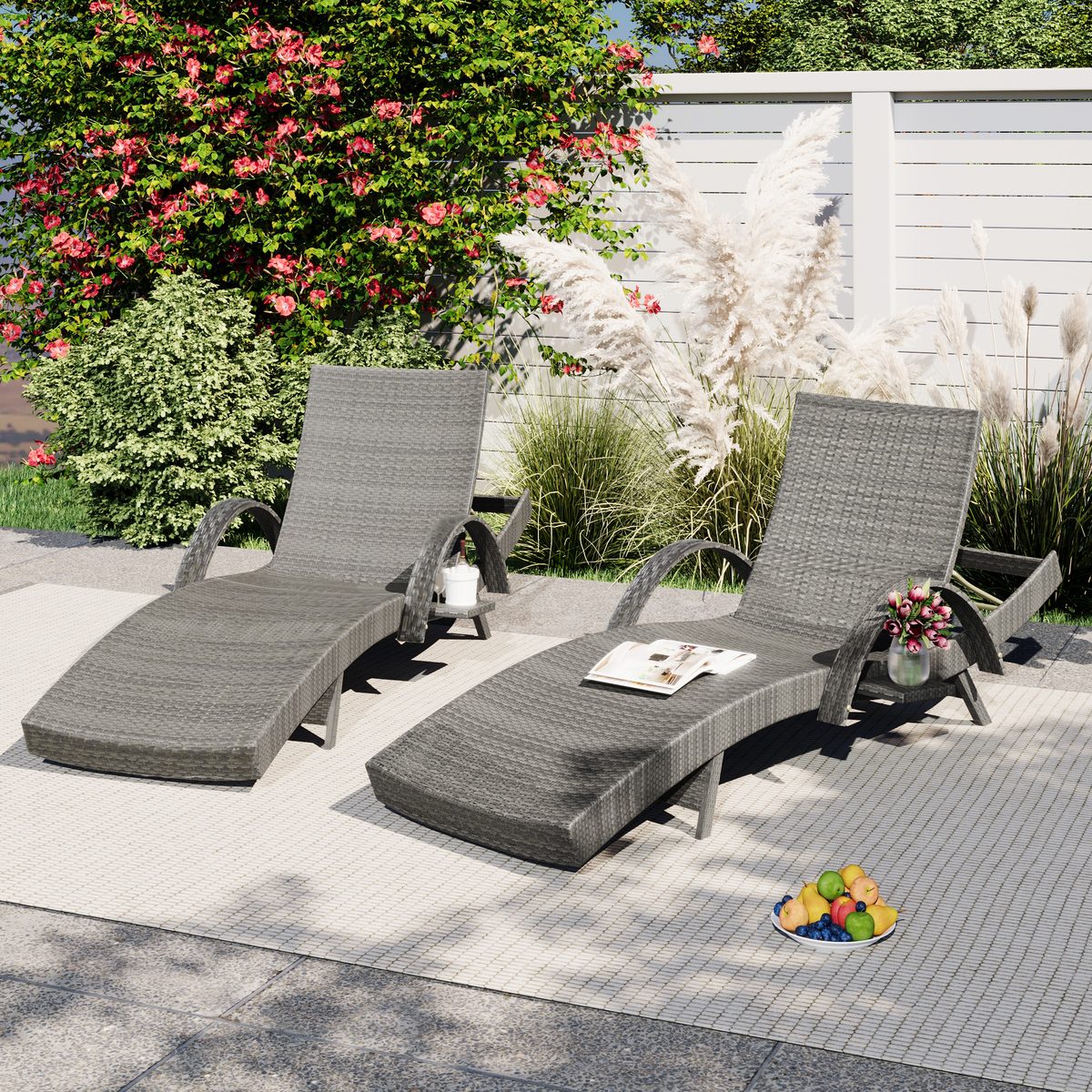 K&K 80'' Outdoor Wicker Chaise Lounge Chairs Set of 2, Patio Rattan Reclining Chair Pull-out Side Table w/ 5-Level Adjustable Backrest Ergonomic Wave Design Pool Sunbathing Recliners, Grey